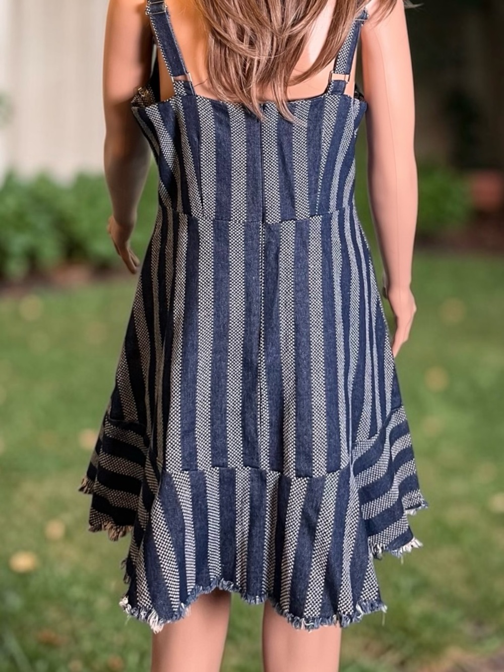 Umgee NWT Denim Stripe Mini Dress L Frayed Hem Boho Summer Adjustable Straps - Picture 4 of 9